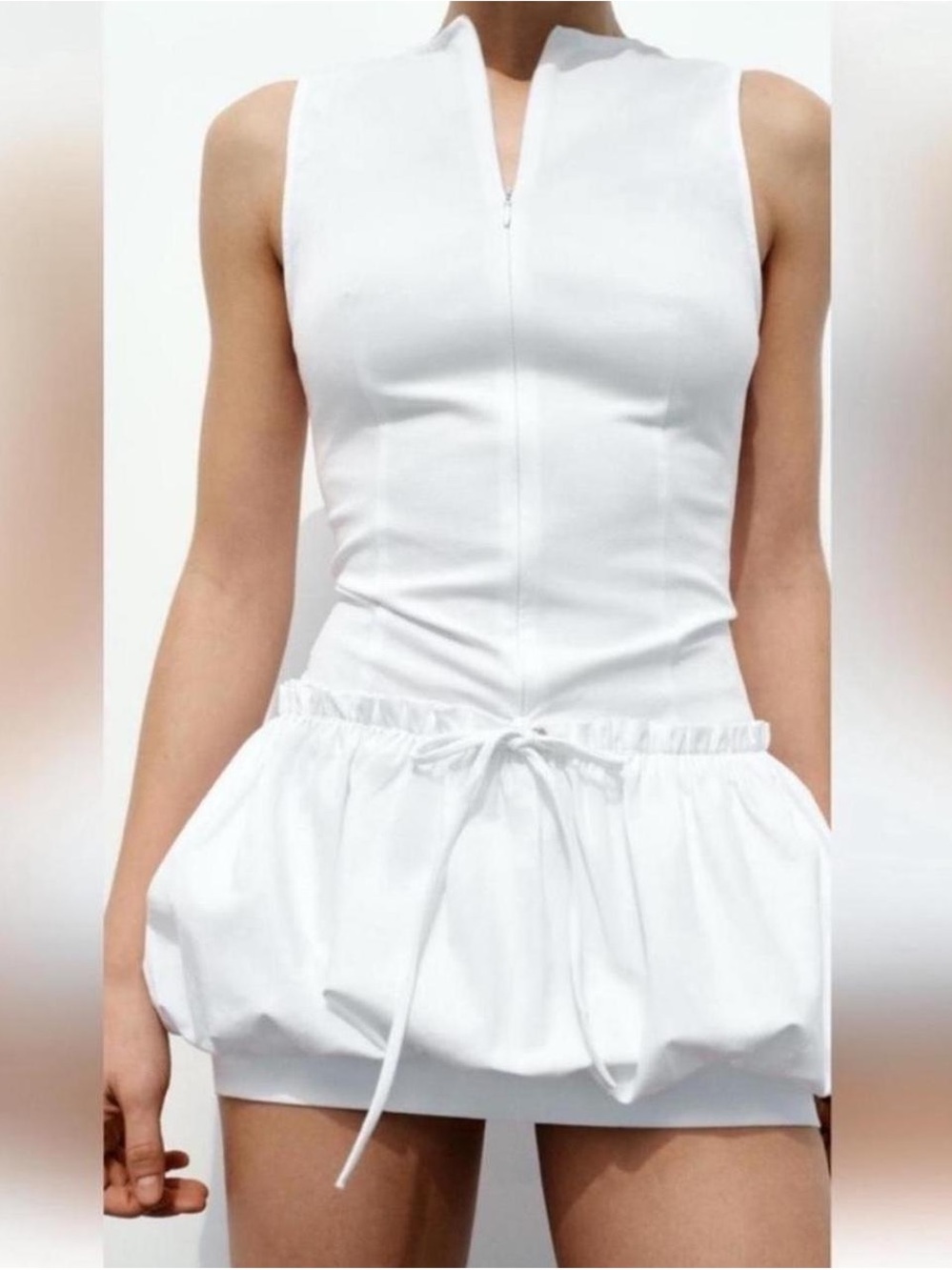 Zara White Sleeveless Mini Dress with Drawstring Bubble Skirt NWT